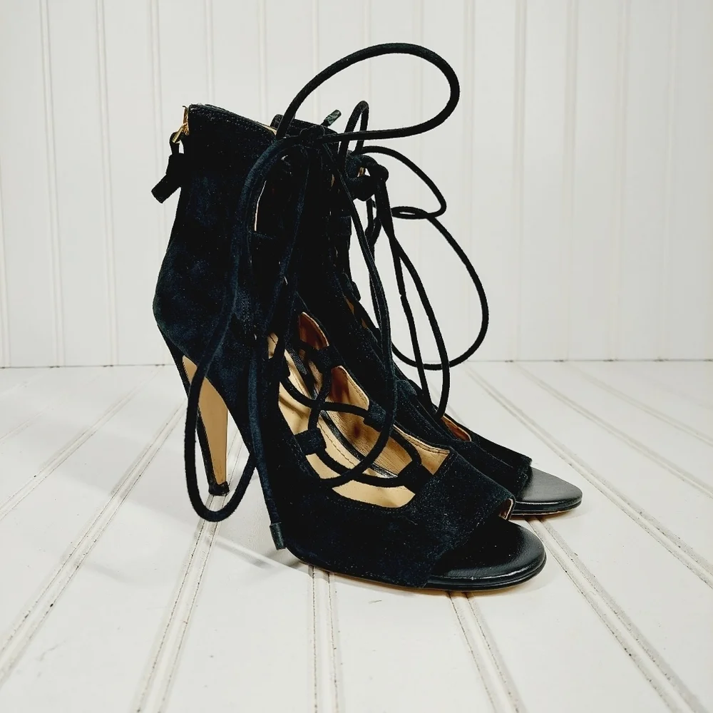 Saks Fifth Avenue Naylee Black Suede Tie Up Sandals Stiletto Heels I418